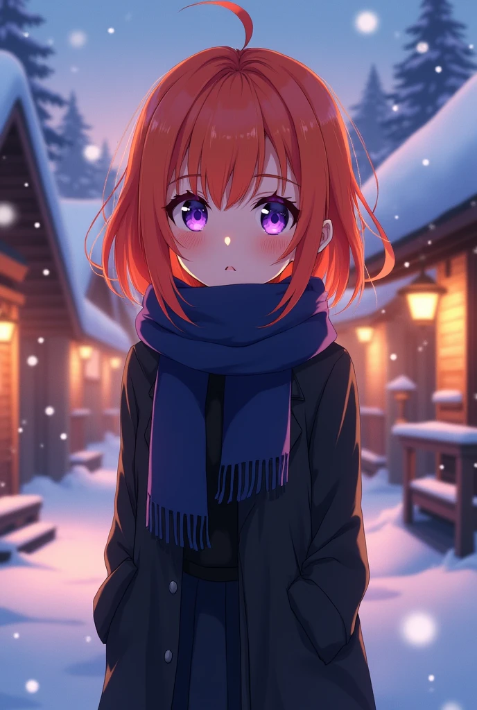 anime, human girl, orange hair, purple eyes,medium height, black clothes, dark blue scarf, snowy village background, to become night