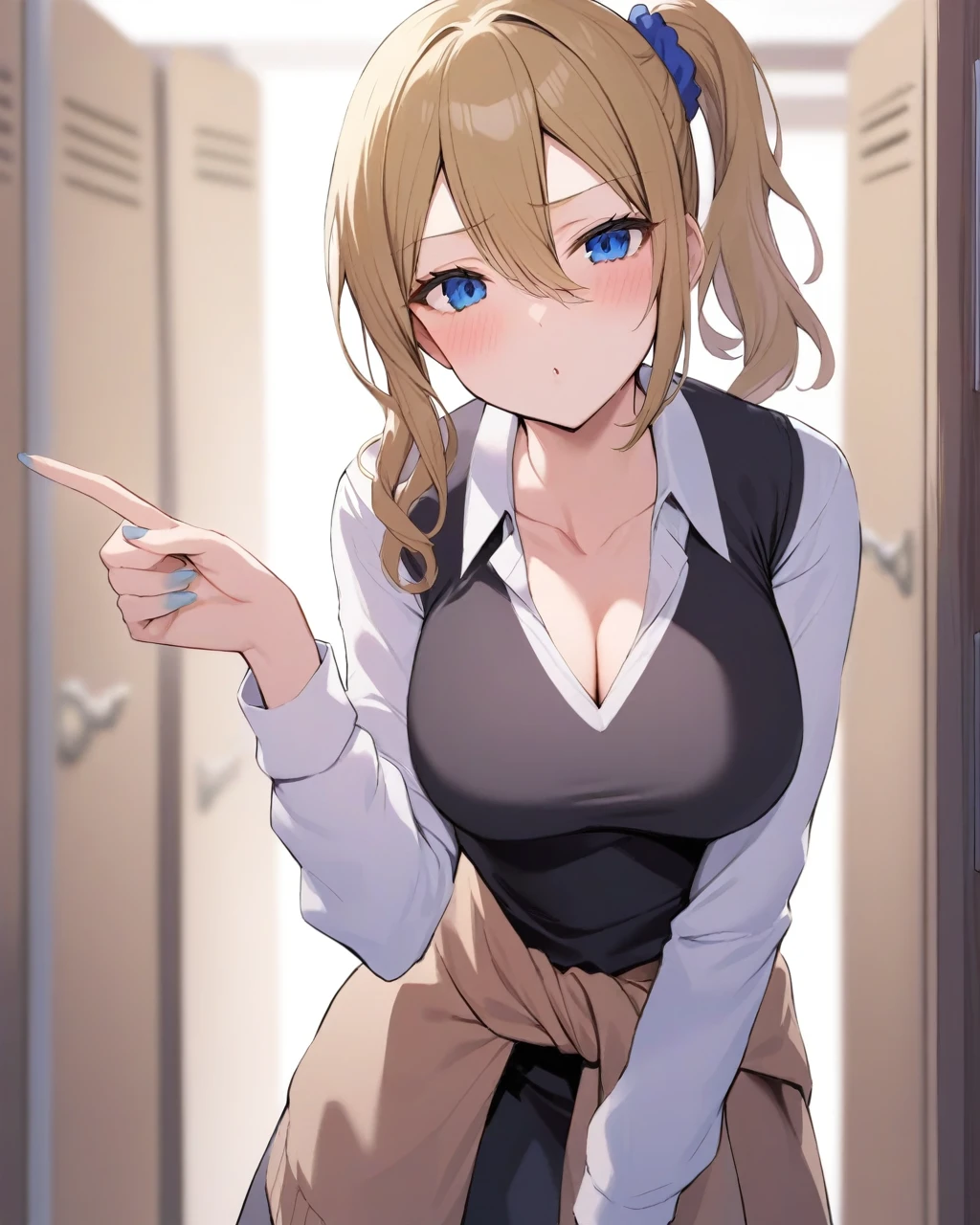 masterpiece,Highest quality,One person, hayasaka ai, alone, indoor, Cowboy Shot, View your viewers, Leaning forward, Raise your hand, blush, Put your finger to your mouth, Mouth closed, Cleavage, clavicle, Shuchiin Academy uniform, White shirt, Collared shirt, skirt, Sweater around the waist, Long sleeve, Pointing finger up, Manicure, Blue Claws, school bag, Blue Scrunchie, Cardigan around the waist, locker, Brown cardigan