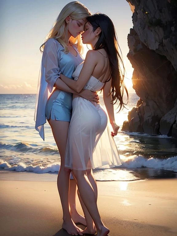 (realistic photo:1.37), Beautiful face profile, Summer sea evening sunset, The sunset is reflected on the sea surface, (Dazzling sunset:1.4, beautiful evening sunset:1.3), 2 womans on the beach, Two beautiful women are about to hug each other's waists and kiss, (Lens Ghosting:1.5, lens flare:1.2, Diamond-shaped lens ghost), (String of saliva:1.2), sensual, (Silky platinum blonde Hair:1.2), (The other one woman ultra Shiny straight black hair:1.3), ((Natural backlighting:1.4)), detalhes faciais, ((one girl wears mini skirt and sheer white Summer clothes, The other woman wears a sheer tulle skirt and Sheer tops)), (medium breasts:0.9), (blushing and making a kissy face:1.2), ((full body view:1.2)), very beautiful face, A well-balanced face profile, blonde girl and Black Hair girl, erotic a look, Highly detailed face, Slightly slimmer body, Realistic Skin, 
BREAK. masterpiece, ultra high resolution, high definition RAW photograph, Highly detailed CG, best quality, 4K, perfect anatomy, perfect proportions, Slightly open shirt, Romantic Landscape, Sparkling sea, Accurate limbs, Back blur, pale blue eyes, Hand details, finger details, erotic body, 