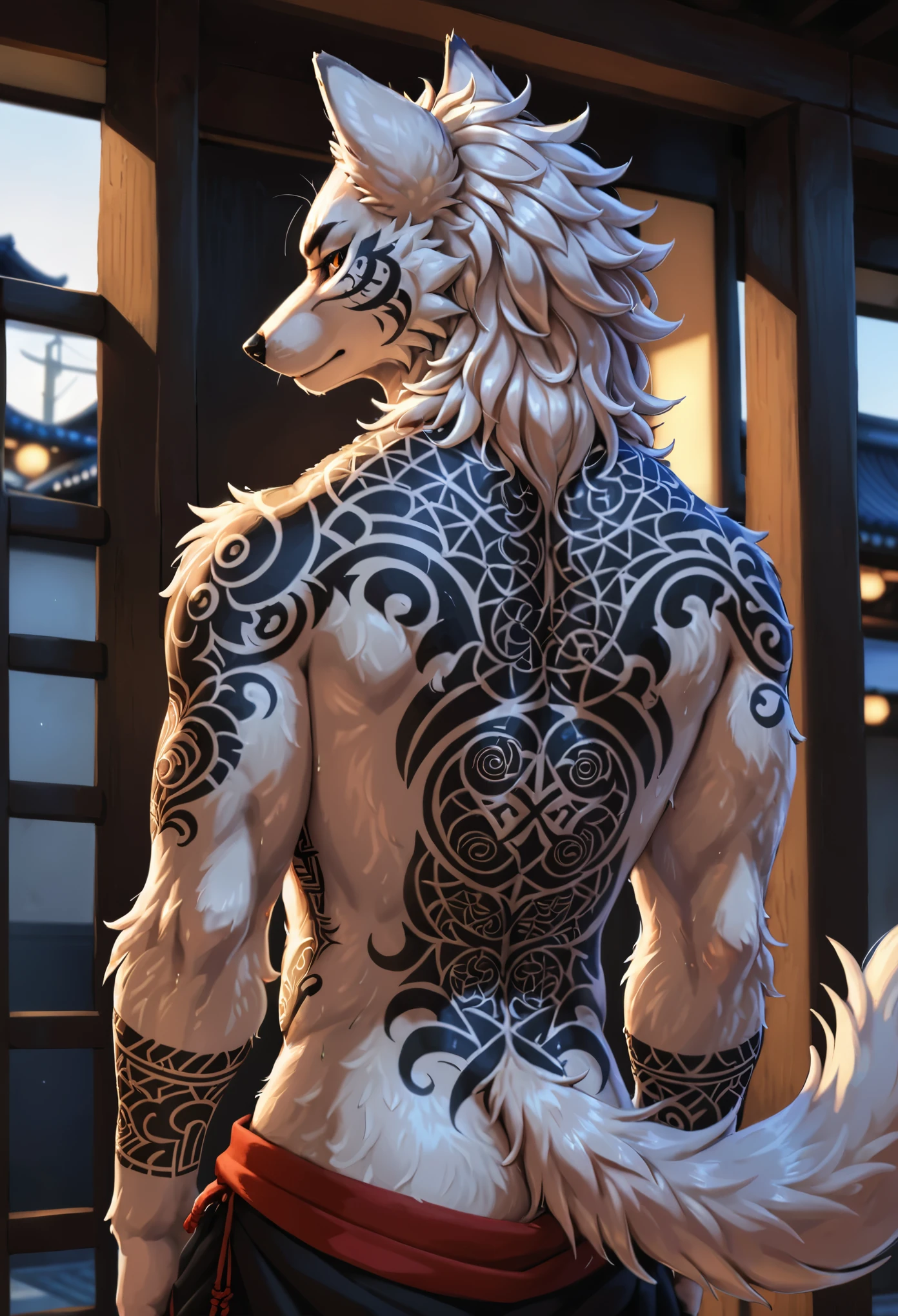 back view, best quality,  full body portrait, wide shot, 

solo, furry anthro arctic fox male, Yakuza style, detailed fur texture, (realistic face and eyes), dressed, clothed, lowered cloth, lowered haori, haori, intricate tattoos, (yakuza symbol, yakuza sinners tattoos, yakuza saints tattoos:1.4), (sharp claws), piercing gaze, dark background, masterpiece, from back, The back is tattooed, the back is visibleб 

[by Alex Timmermans:by jaynaylor:0.25],
detailed background, detailed foreground, depth of field, ambient silhouette, backlighting,

