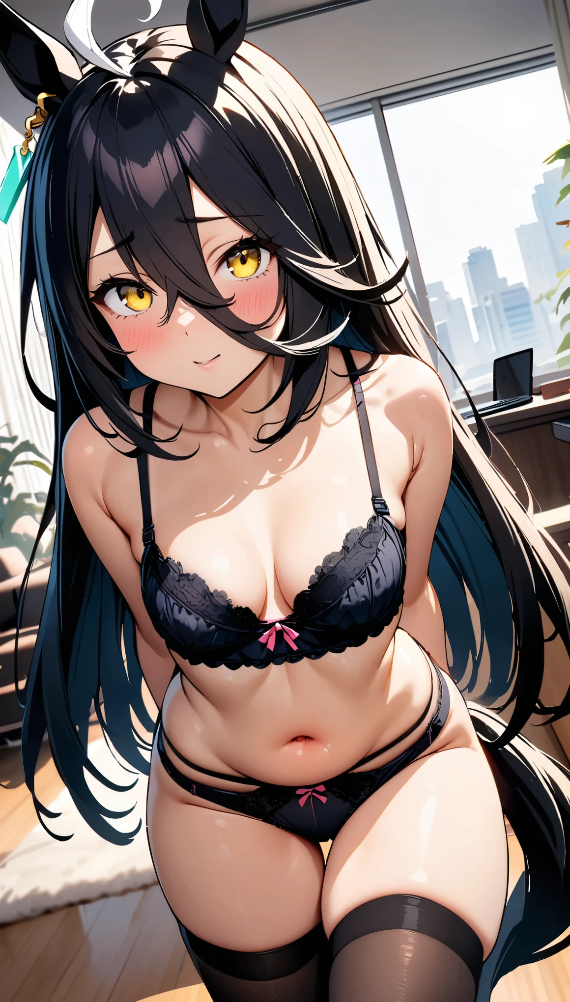 [[One person, Manhattan Cafe \(umamusume\), umamusume]], Beautiful attention to detail, Yellow Eyes, Close one eye, ((indoor, office, living room), ), Curvy, thin, Small breasts, (Black thigh-high socks), (Cleavage) , (Sexy pose), (Seductive pose), (Crop Top Belly Button), (panties), (bra), (In underwear), (Flashy underwear), (lingerie), , (Close-up shot), Dynamic Angle, Highest quality, Very detailed, masterpiece, Ultra-high resolution, 8k, Nipples, Horse tail