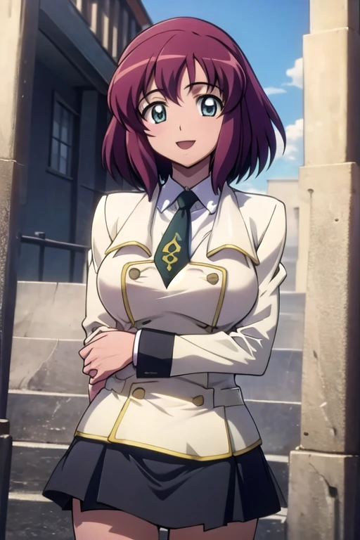 school uniform, Yellow Jacket, Black Skirt, tie, Pleated skirt, Cowboy Shot, Outdoor, smile,edgGesugao、CLOTHING_BibleBlack_SchoolDress_ownwaifu、henrietta,,The Familiar of Zero,17_year_old_girl,purple_hair,Blue_eyes,large breasts, huge breasts,,((masterpiece)), (Highest quality), Bright colors