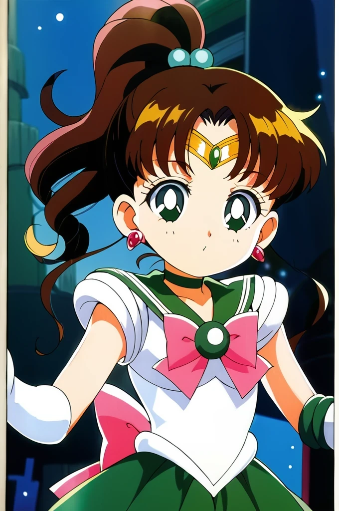 score_9, score_8_up, score_7_up, score_6_up, score_5_up, score_4_up, source_anime, (masterpiece:1.3),(highest quality:1.4),(Super detailed:1.5),8k,High resolution,an extremely delicate and beautiful,Official Art,Perfect Anatomy,(anime_screencap:1.11),(90s anime,90s anime style,Cel-shaded anime:1.47),anime coloring,(1girl:1.5), ((:1.52)),
((aajupiter:1.52)), long hair, ponytail, hair bobbles, tiara, earrings, green eyes, green choker, green sailor collar, pink bowtie, white shirt, white leotard, elbow gloves, white gloves, green skirt, pink bow