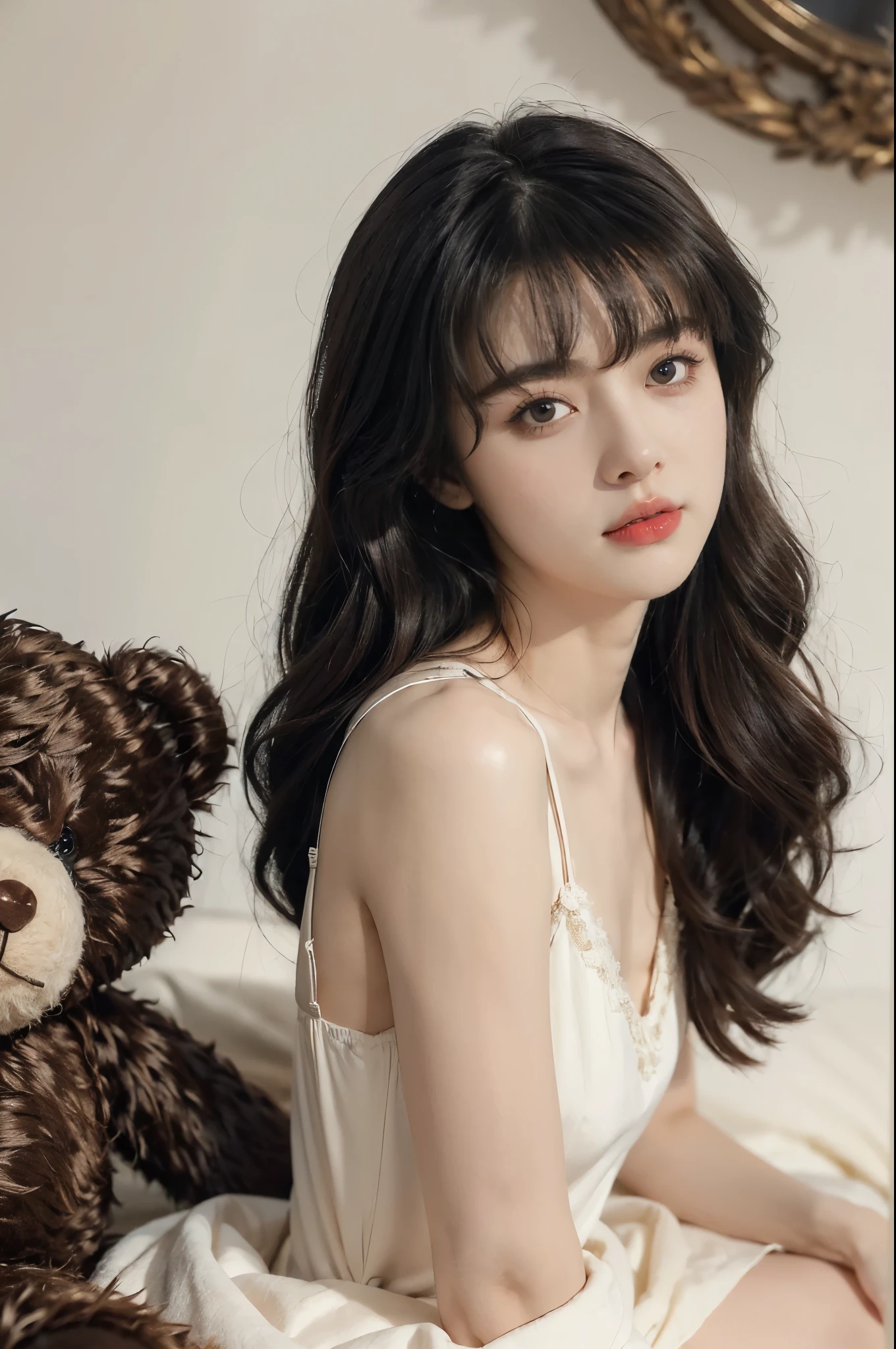 (((best quality))),(((ultra detailed))),(((masterpiece))),illustration,((1 beautiful girl,solo)),(((straight black hair,thick bangs))),(round face:1.5),((slim,thin)),(flat chest:1.3),(slender legs:1.2),(sitting:1.3),(in bedroom:1.3),(night scene:1.3),(on bed:1.3),(flowing nightgown:1.3), hair cascading, perfectly made bed, nightlight, ethereal hue, colorful posters, youthful spirit,(beside a teddy bear:1.3), protectiveness, contemplation,detailed eyes, otherworldly shimmer,red lips parted, speaking,peaceful, serene, sleepy atmosphere,comfort, safety, solitude, reflection, innocence, simple pleasures, comforts, chaos of life, snapshot,((from front,upper body))