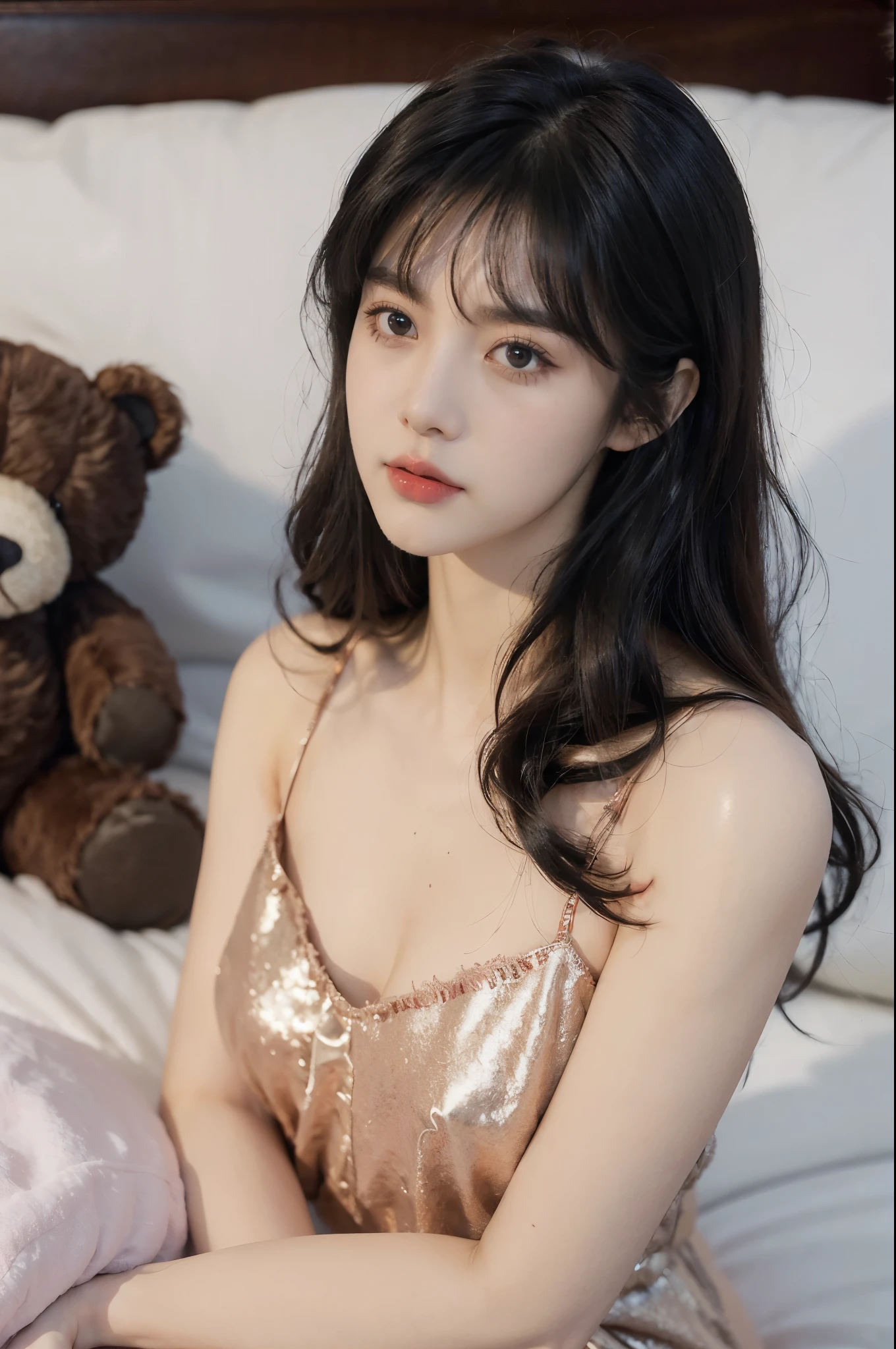 (((best quality))),(((ultra detailed))),(((masterpiece))),illustration,((1 beautiful girl,solo)),(((straight black hair,thick bangs))),(round face:1.5),((slim,thin)),(flat chest:1.3),(slender legs:1.2),(sitting:1.3),(in bedroom:1.3),(night scene:1.3),(on bed:1.3),(flowing nightgown:1.3), hair cascading, perfectly made bed, nightlight, ethereal hue, colorful posters, youthful spirit,(beside a teddy bear:1.3), protectiveness, contemplation,detailed eyes, otherworldly shimmer,red lips parted, speaking,peaceful, serene, sleepy atmosphere,comfort, safety, solitude, reflection, innocence, simple pleasures, comforts, chaos of life, snapshot,((from front,upper body))