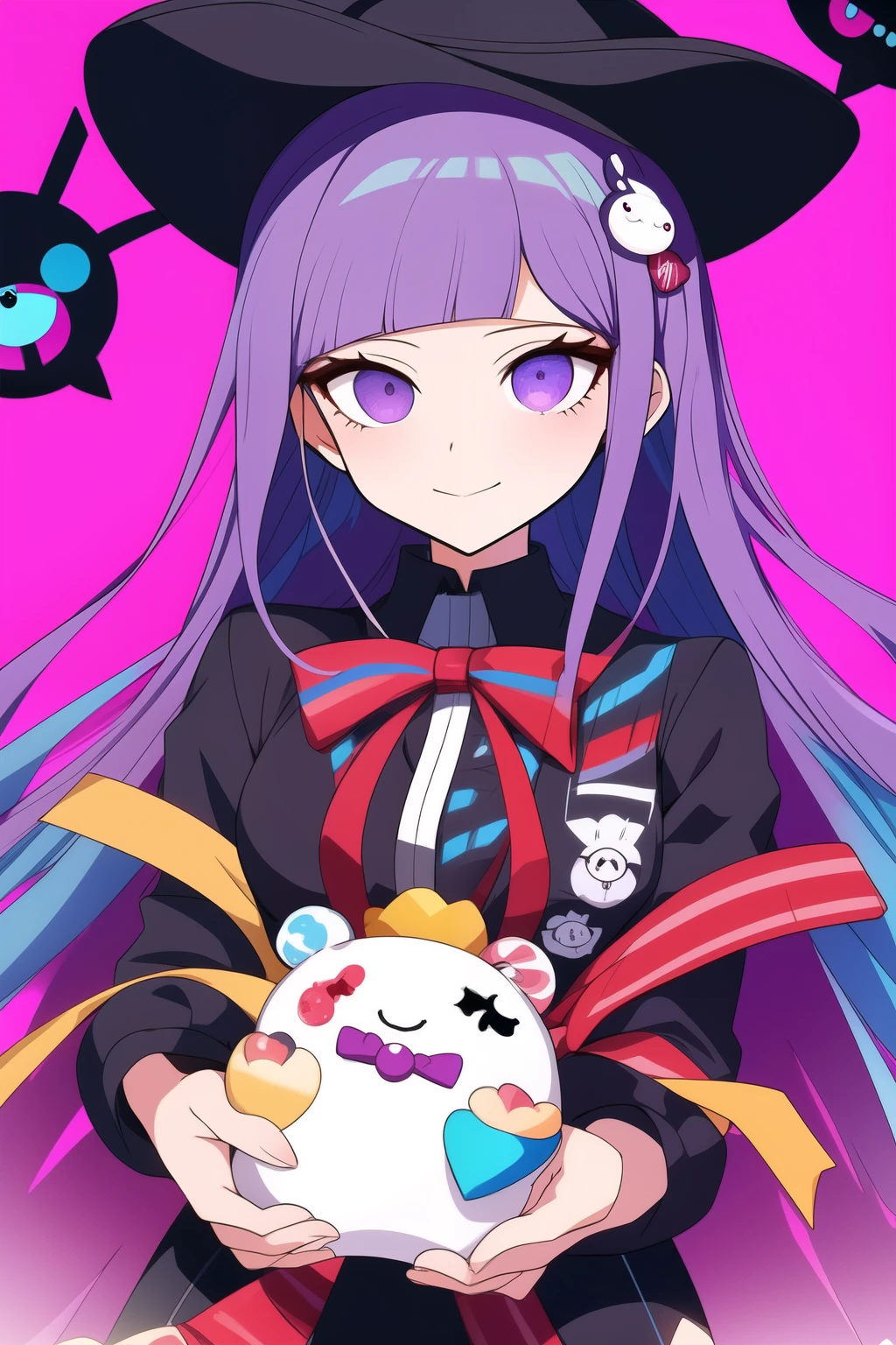 Anime style illustration of a woman with purple hair, Dark brown and vermilion, Danganronpa Eye Style , purple themed,Cytus and Deemo Style, Candypunk character design!!, Low saturation!!, dark,Handwritten style!!!,Rough art style,Simplified design,
