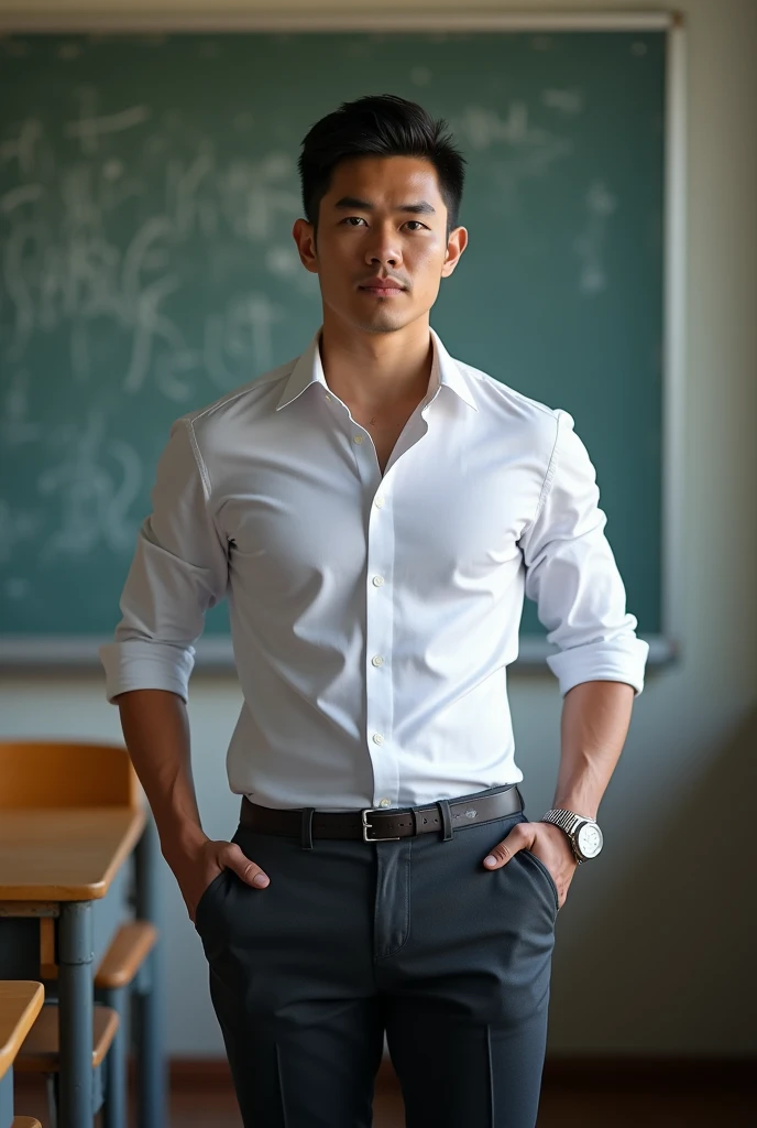 Vietnamese man, 25 years old, teacher,Handsome and elegant, Wearing a  uniform, sexy , Masculine and handsome，musculous，Muscles look good, with fair skin,, Full body photo,(ultra-detailed, photorealistic, best quality, 4k, 8k, highres, masterpiece:1.3), a mature man, charming and distinguished , (muscular build body), wearing tailored shiny  dress shirt, , perfectly fitted charcoal trousers, sweat, unbutton buttons shirt, lewd face ,tight chest, sex,See-through shirt, erotic, horny, , Accessories include a luxury wristwatch, in the Classroom‎,looking at viewer,muscle veins,no underwear ,Tight shirt makes muscle,unbutton,six pack,take off your shirt,shirtless