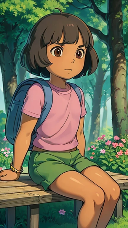 (8k),(masterpiece),(1girl),(Misty),From the front,focus on upper body,symmetrical composition,StudioGhibliStyleHMC,forest, outdoor,, ghibli background,1girl, dora, child, pink shirt, shorts, bracelet,backpack, sitting on bench, brown eyes, flower, dark-skinned female, (tan), bob cut, 