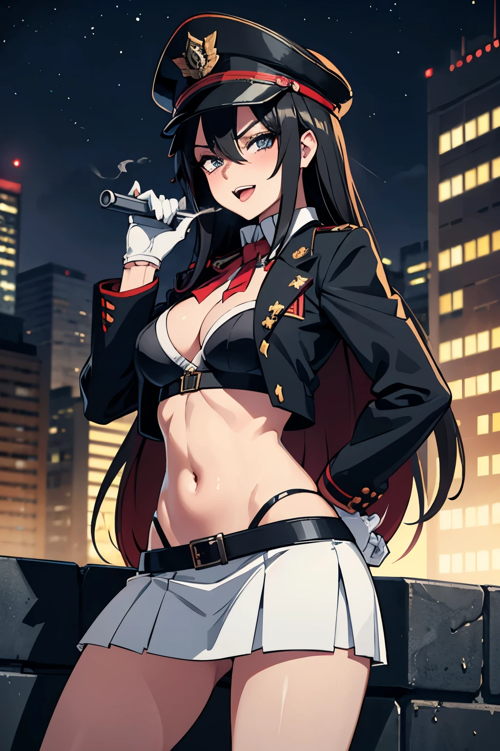 bambietta
1girl, long hair,hair between eyes,bangs,black hair, peaked cap, military uniform, white jacket, white gloves, white skirt, Hot girl, baddie, staring, glaring, bad attitude, mean girl, dare, angry, hate, crazy, smoking, sensual, attractive, masterpiece, best quality, highly detailed, a girls with a gun, open mouth, blazer, sexy gaze, (nsfw) not safe for work, badass pose , evil smile, smile, black bra, anime girl with long hair, long haired girl, navel, evil expression, exposed belly, exposed navel, exposed midriff, exposed lower belly, micro miniskirt, micro pencil skirt, pencil skirt ,holding a gun, holding pistol, outdoors, rooftop, cityscape, building, railing, night, night sky, scenery, city lights, blush, lipstick,