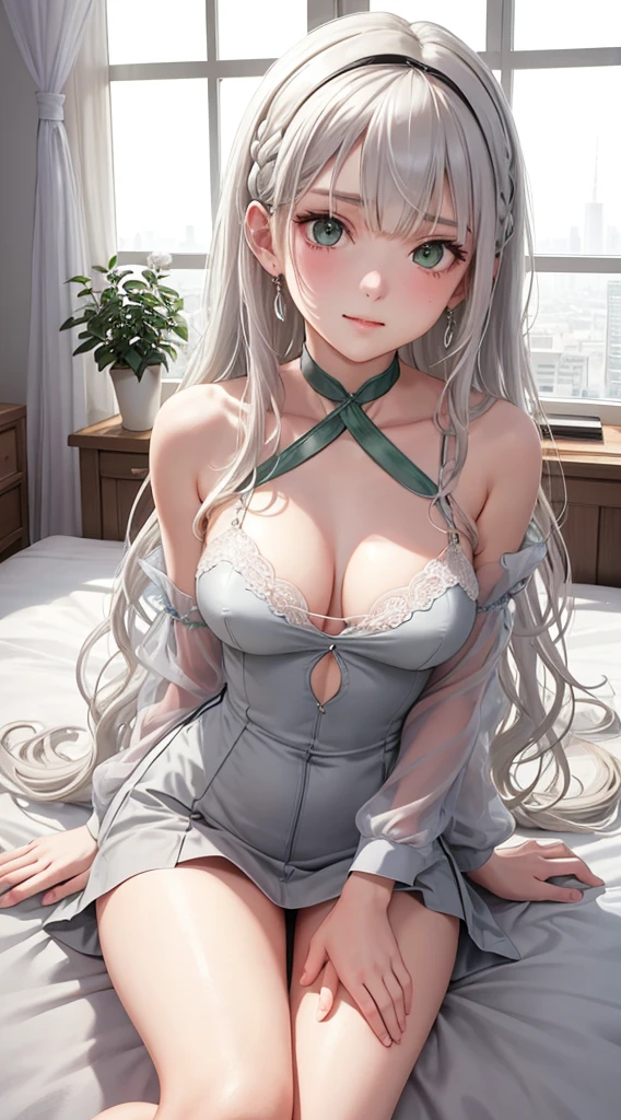 Character Details:, - Gender: 1 Girl.  - Style: Anime, - Body Type: Attractive body, nice body, nice legs, nice tights, nice arms, nice shoulders. - Breast: (Breast:1.2)- Facial Feature: Beautiful, Gorgeous, Teenager, Fresh, Young. - Expression: Small smile, Shy Look, sweating, emerald green eyes. - Hairstyle: Blunt Bangs. - Hair Color: (White Grey Hair:1.5), (Straight and Wavy Long Hair:1.3), - Clothing: (Laced shirt, off-shoulder.). - Body Pose: (Sitting on bed:1.3), Look on camera, (Hands down).- Behaviour: Waiting, Want Something, Secretly. - Accessories: Earrings, thin Black Headband, Green Hair Accessories, Environmental Details:, - Setting: Bed Room., - Lighting: Natural Light., - Decoration: Modern Bed, Chair, Window, White Curtain, City View. Top view. pov, anime style, UHD, retina, masterpiece, accurate, anatomically correct, textured skin.