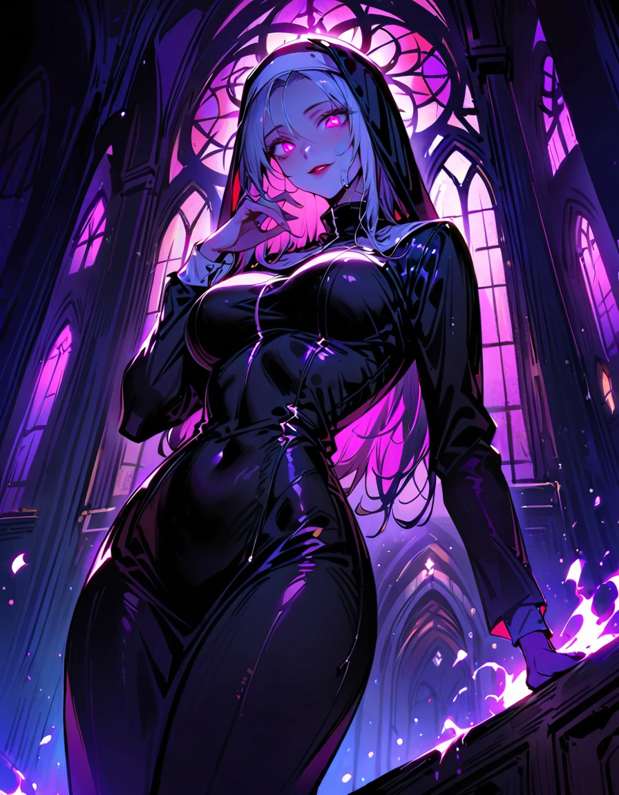 (high quality, 8k, 4K, high contrast, artwork:1.2, high quality, best aesthetics), (dynamic angle), ((1 woman)), erotic, sensual, mature body, super detailed, beautiful face detailed, beautiful eyes detailed, detailed beautiful mouth, sexy body, perfect breats, perfect wide thighs, pale skin, dark purple hair, dark purple long hair, dark purple straight hair, dark purple eyes, long eyelashes, penetrating look, serious, gothic makeup, black lipstick, black eyeshadow, black eyeliner, nun, black nun clothes, dark purple demon horns, church, purple lighting, centered, standing upright.