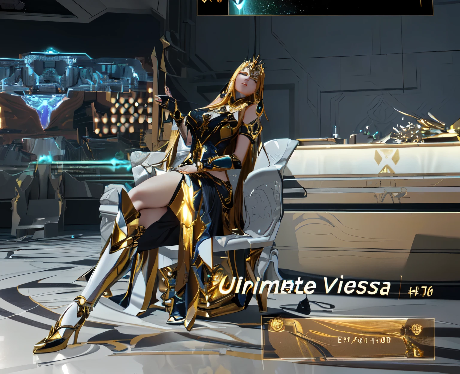 arafed image of a woman in a gold costume sitting on a chair, unreal 6 breathtaking detailed, cinematic unreal 5, unreal engine render saint seiya, cinematic unreal 6, uhd character details, pc game with ui, unreal 5 engine, posing for a fight intricate, unreal 5 render, ultra detailed cinematic, made in unreal engine 5, unreal engineer 5