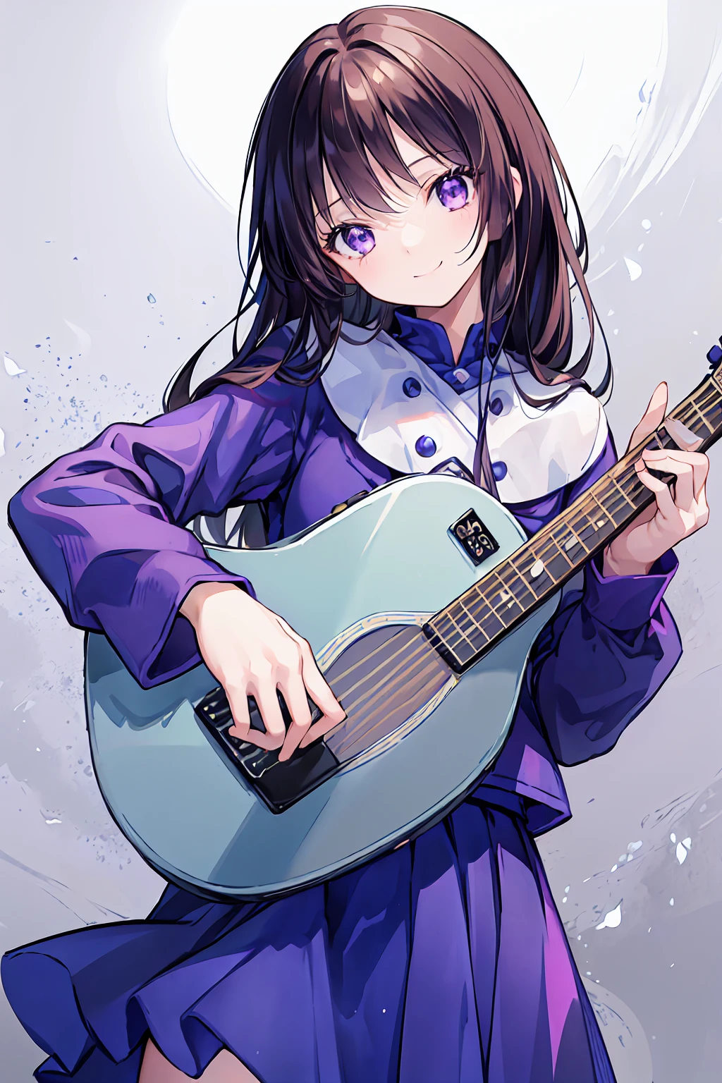 masterpiece、(((1 person)))、Delicate eyes、Inoue Check、Long Hair、Black Hair、Purple eyes、smile、Upper Body、Blue Uniform、(((Holding the guitar))),Brown Hair,Shortcuts,Slender beauty,,