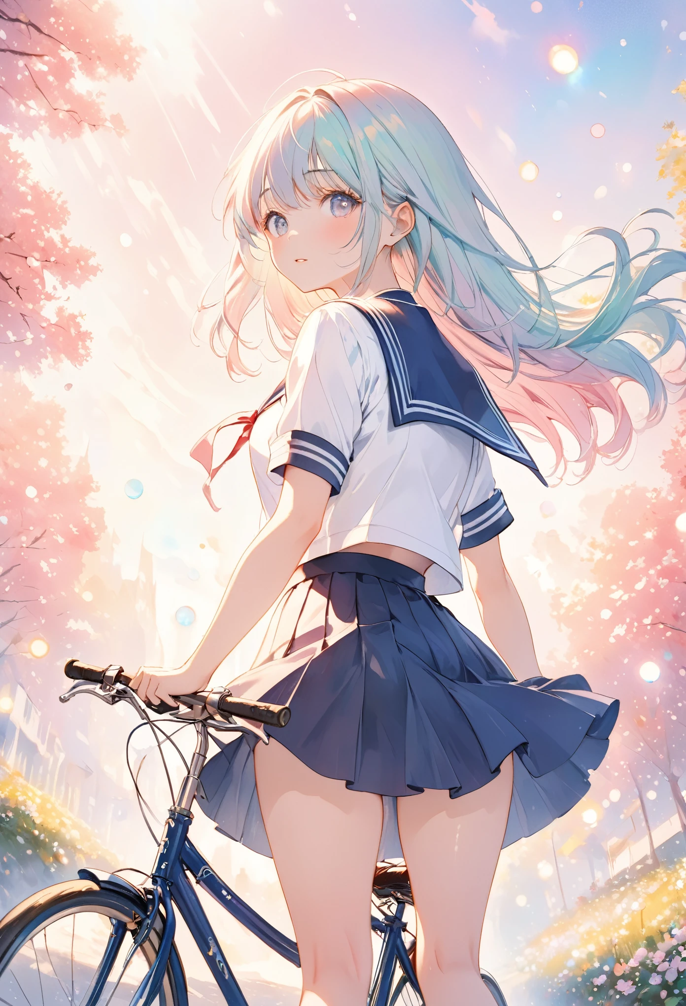 masterpiece, best quality, extremely detailed CG unity 8k wallpaper, Anime illustration of a high school girl riding a bicycle down an amazing downhill slope. She wears a sailor uniform. She is wearing a knee-length skirt. She is riding a bicycle with her legs spread to the sides. Angle seen from the back of the girl. It is painted in pastel colors and has a very emotional atmosphere. Watercolor. bokeh photography, (soft focus):1.2, out-of-focus highlights, dreamy ambiance, glowing circles, mesmerizing depth, depth of field