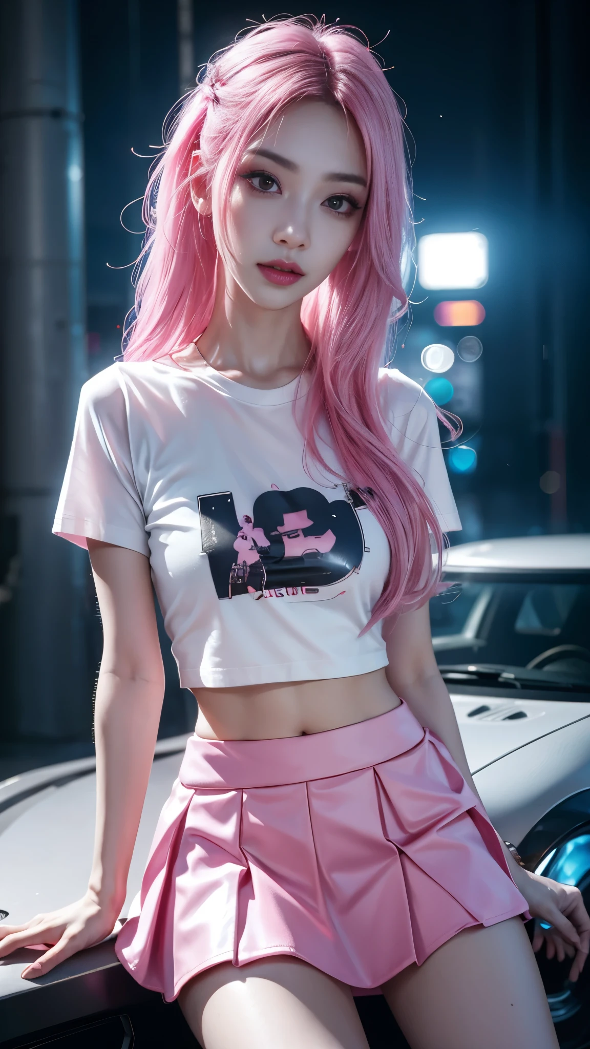 8k, UHD, masterpiece, 1 girl, ((good face)), very long hair, light makeup, (white skin:1.2), detailed eyes, detailed lips, small bust, simple cyberpunk clothing, ((pink t-shirt)), ((mini skirt)), (cyberpunk lighting:1.4), ((building)), light effect, light reflection, ((spreading lights)), cyberpunk, cybercity, futuristic, (night), ray tracing, bloom, perfect pose, sitting,