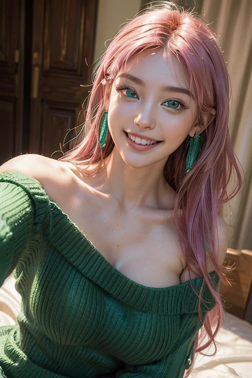 highest quality, masterpiece, Ultra-high resolution, (Realistic:1.4), (Close-up portrait) RAW Photos,21 years old gal((I'm showing my teeth and smiling)),((Big smile)),((look up)),((Passionate pink haired girl )),((wearing offshoulder dark-green loose sweater dress:1.2,overly long sleeves:1.2))
((Clothes that can come off))(wavy Hair),Realistic,((very big breasts:1.3))no bra.very slender
((loose chest:1.3))
((vivid emerald green-eyes:1.3))earrings.temptation.
(i can see her armpit a little:1.2)
(lying on the bed)
((selfie:1.2))