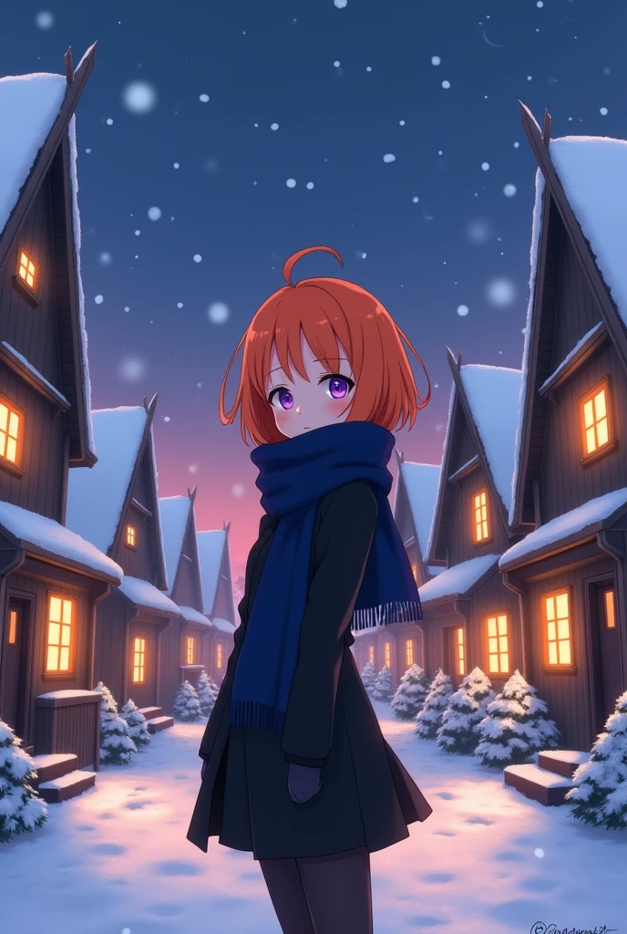anime, human girl, orange hair, purple eyes,small stature, black clothes, dark blue scarf, snowy village background, to become night