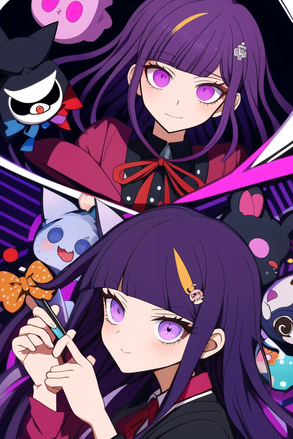 Anime style illustration of a woman with purple hair, Dark brown and vermilion, Danganronpa Eye Style , purple themed,Cytus and Deemo Style, Candypunk character design!!, Low saturation!!, dark,Handwritten style!!!,Rough art style,Simplified design,low quality,polygon