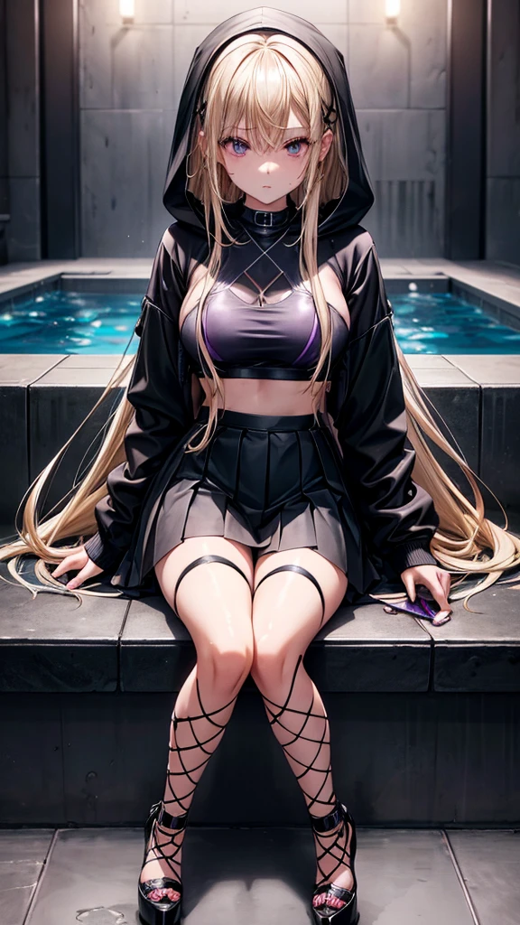 Wet anime girl in black pleated micro-miniskirt, black strapless crop top, black unzipped hoodie ,black fishnet tights, high heels, long blonde hair with purple highlights, makeup, diamond jewelry, holding a phone, sitting cross legged in the pool