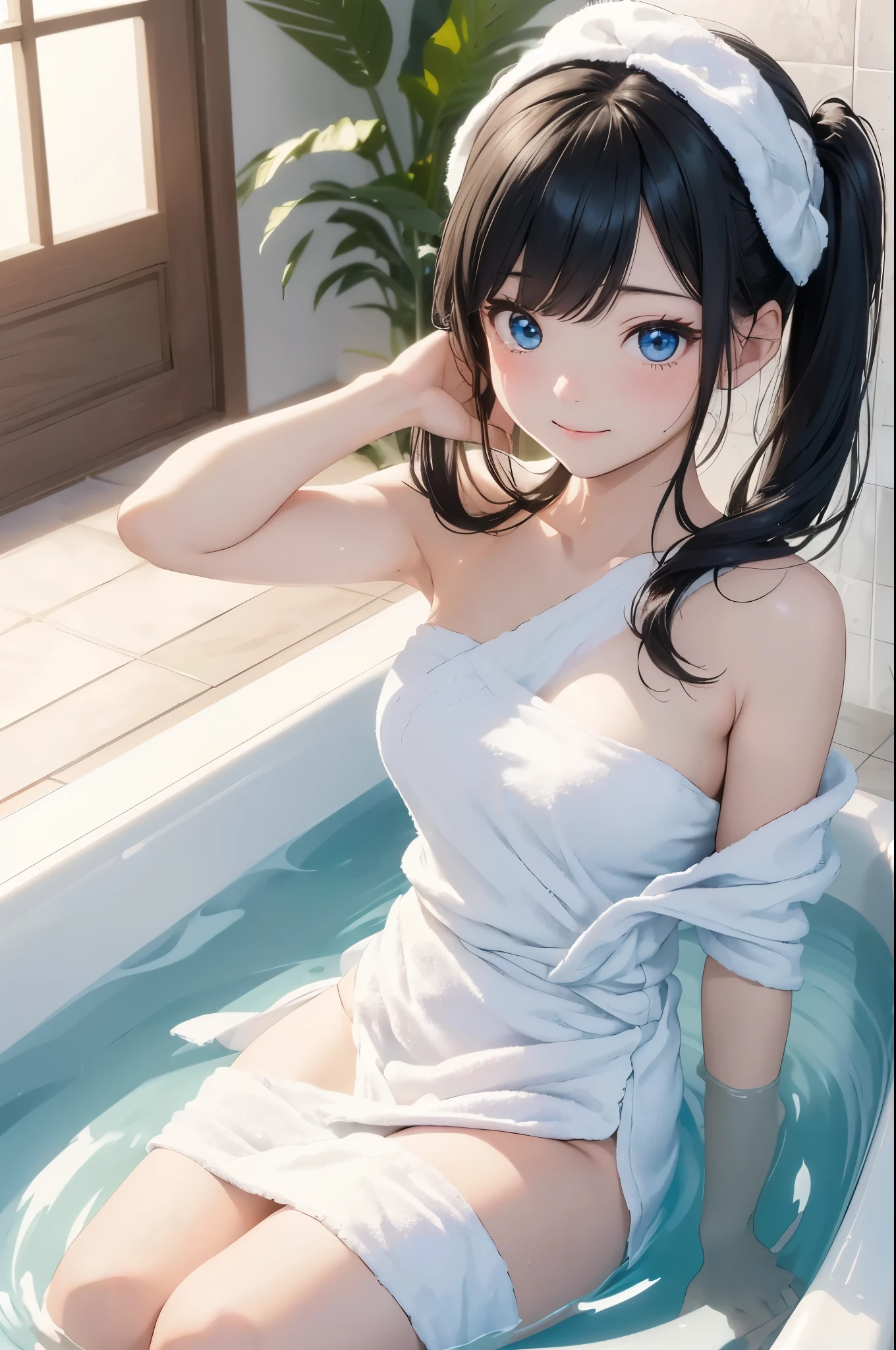 ((masterpiece)), ((highest quality、Ultra high definition)), (Very detailed),((8k、Photo quality))、((Amazingly cute girl))、(,)、Two people, , (Beautiful emerald blue eyes), ((smile)),A luxurious Japanese-style open-air bath at a high-class hotel, Beautifully arranged black hair in twin tails、Slim Body、(Cute little breasts)、((白いOne bath towel is wrapped around my body.))、Professional Lighting、(White lace knee-highore detailed and beautiful)、(More details and cutenesore realistic)、((Just wear light clothing))、Frolic in the pool、(Too cute)、(The embodiment of cuteness)、(Godly cuteness)、((Night view))、((One bath towel is wrapped around my body.))、