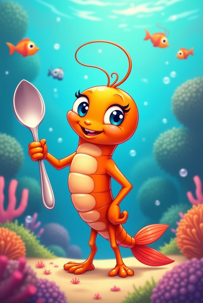 Cartoon orange shrimp holding a training spoon