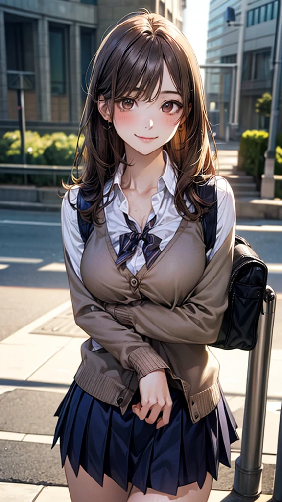 (masterpiece:1.2, top-quality), (realistic, photorealistic:1.4), beautiful illustration, (natural side lighting, movie lighting),
looking at viewer, cowboy shot, front view:0.6, 1 girl, japanese, high school girl, perfect face, cute and symmetrical face, shiny skin,
(long hair:1.4, half updo:1.5, light brown hair), hair between eye, dark brown eyes, long eye lasher, (large breasts:0.7, seductive thighs),
beautiful hair, beautiful face, beautiful detailed eyes, beautiful clavicle, beautiful body, beautiful chest, beautiful thigh, beautiful legs, beautiful fingers, big breasts, enhance breasts, busty,
((white collared shirts, navy pleated skirt, brown cardigan)), school bag, naughty face, smile,
(beautiful scenery), evening, riverside, walking, (lovely smile, upper eyes),