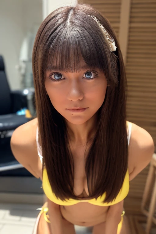 1girl, beautiful woman white bikini swimsuit, skinny, perfect body, defined abs, gold hair, standing in a white wall photography studio, ultra-detailed face, beautiful eyes, beautiful lips, double eyelids, shy smile, trimmed bangs, sun-kissed skin, hint of pubic hair, (best quality, 8k, masterpiece:1.3), frontal and full-body shot, pussy line, front facing, open legs