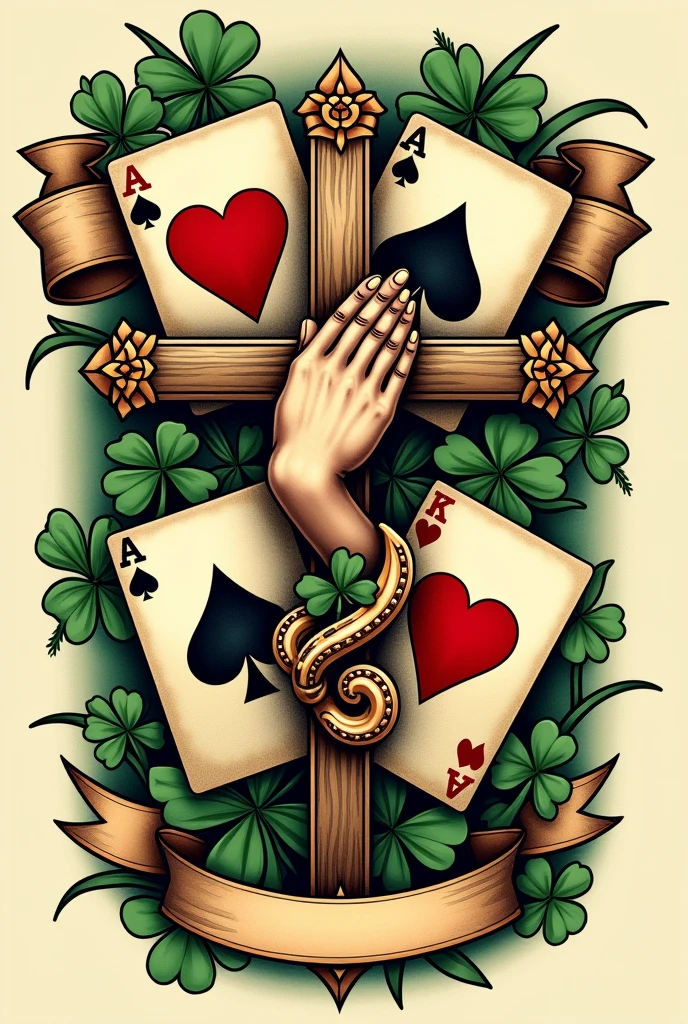 Create a New Old School design for a tattoo about "faith" and "luck", using elements such as playing cards, horse shoe and shamrock to represent luck and elements such as a cross and a hand in prayer position to represent faith ].