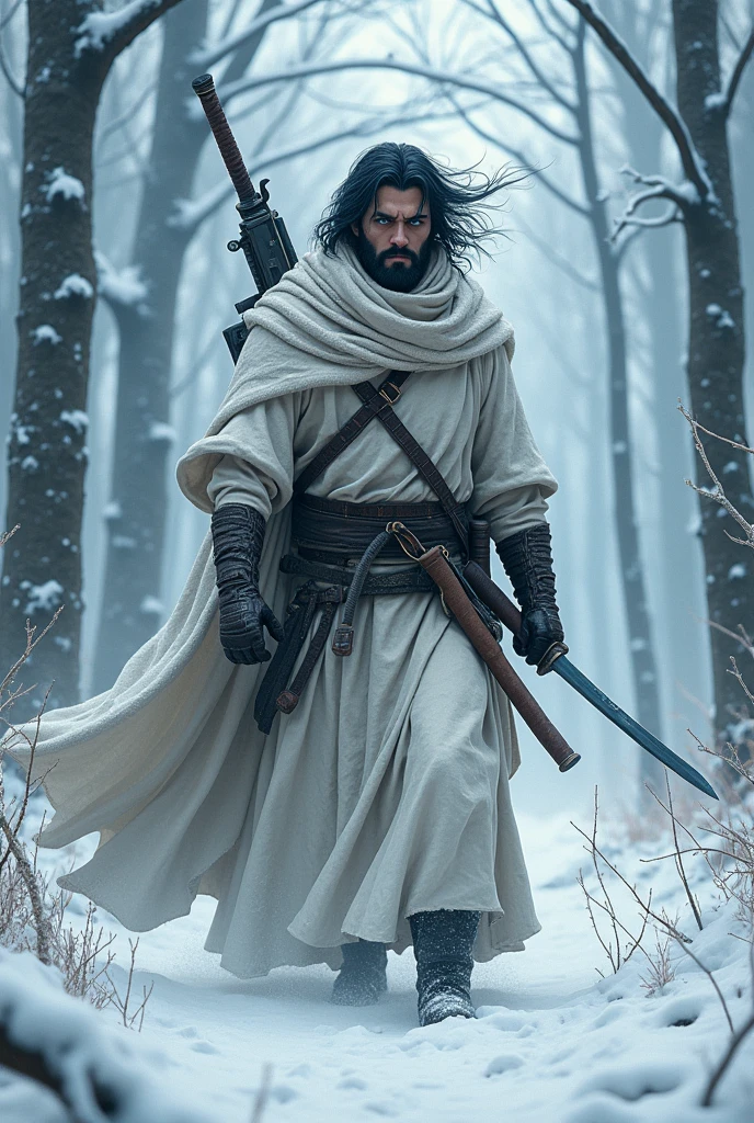 In the desolate and brutal world of Lisa the Painful, You encounter Victor,, an imposing man of 110 kg and 198 cm tall. His blue eyes gleam with determination, but his gaze is masked by a bandage over his right eye. His black hair whips in the wind as he wields a sharp katana with mastery, ready for battle. He carries a long sniper rifle on his back, ensuring his lethality at a distance. His figure is silhouetted against the white landscape of a snow-covered forest, his white cloak billowing gracefully as he moves stealthily through the trees. Victor is a solitary and lethal warrior in this merciless world, where survival depends on strength and cunning.