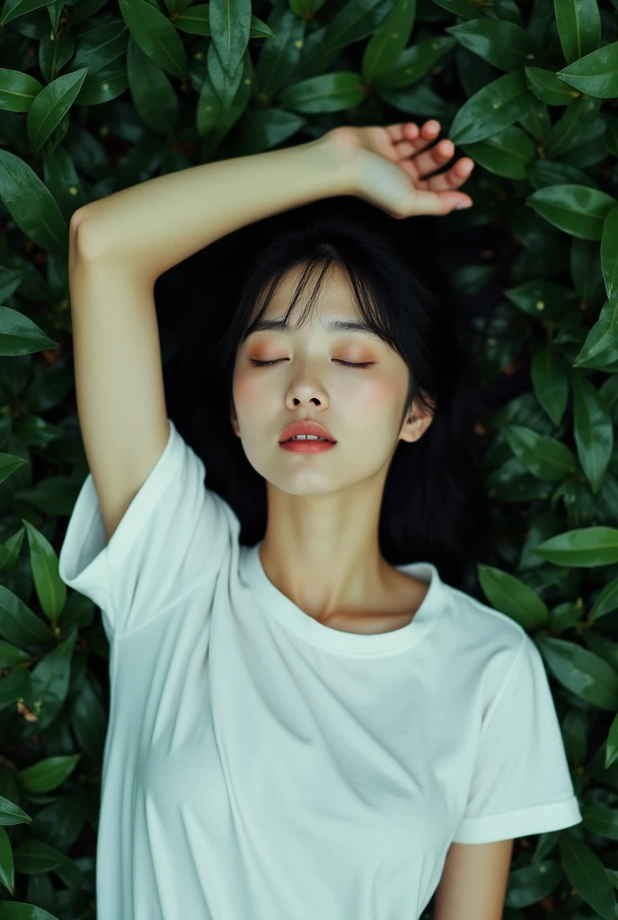 POV, above head shoot, A young Japanese woman, thin face, with furrowed eyebrows, eyes closed, open mouth, face facing upwards, wearing a white T-shirt, lying on a pile of wet dark green leaves. hand above head