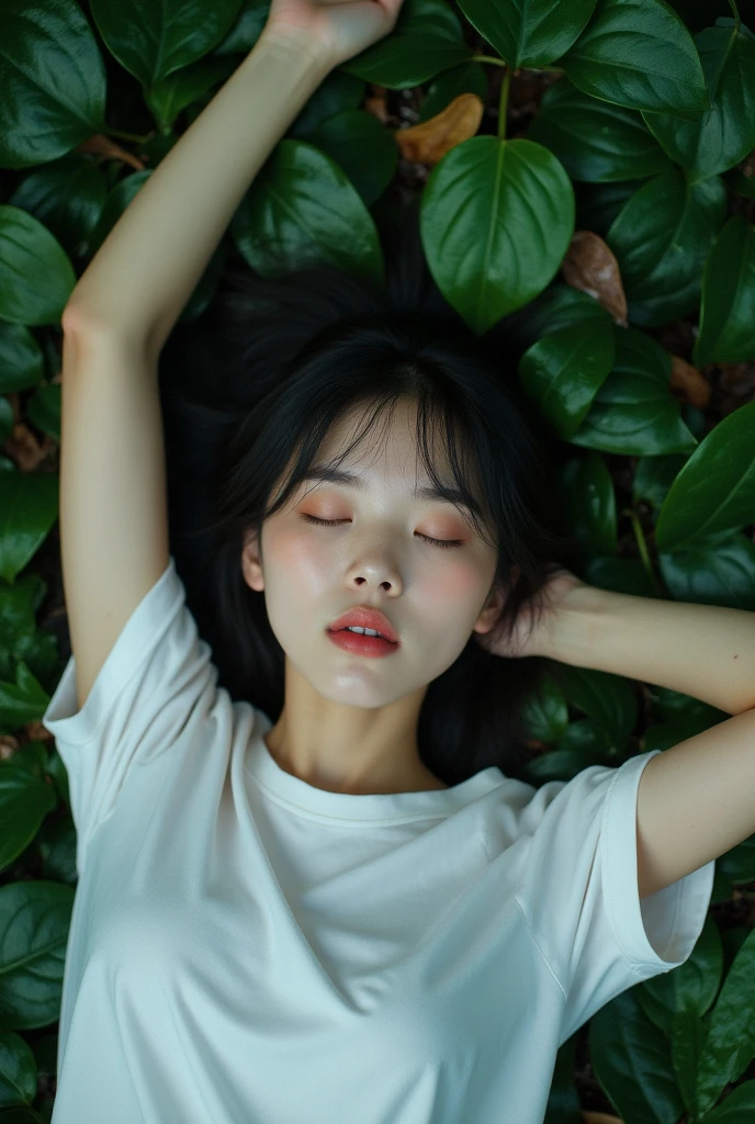 POV, above head shoot, A young Japanese woman, thin face, with furrowed eyebrows, eyes closed, open mouth, face facing upwards, wearing a white T-shirt, lying on a pile of wet dark green leaves. hand above head