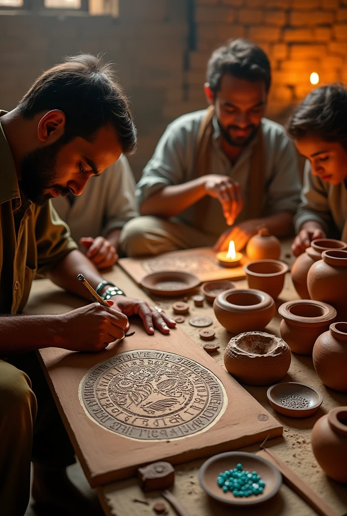 Generate an image of skilled Harappan artisans working on intricate pottery, beadwork, and seals. Include a close-up of a craftsman engraving a seal with an undeciphered script and animal motifs. Surround them with tools, raw materials, and finished products on display.