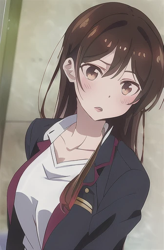 Chizuru, One person, 一人in, length_hair, Looking_in_Audience, blush, Open_mouth, 前hair, Simple_background, brown_hair, shirt, brown_eye, clavicle, Jacket, white_shirt, upper_body, Broke up_lips, Shiny, Shiny_hair, black_Jacket, Cleaned up_前hair, formal, suit