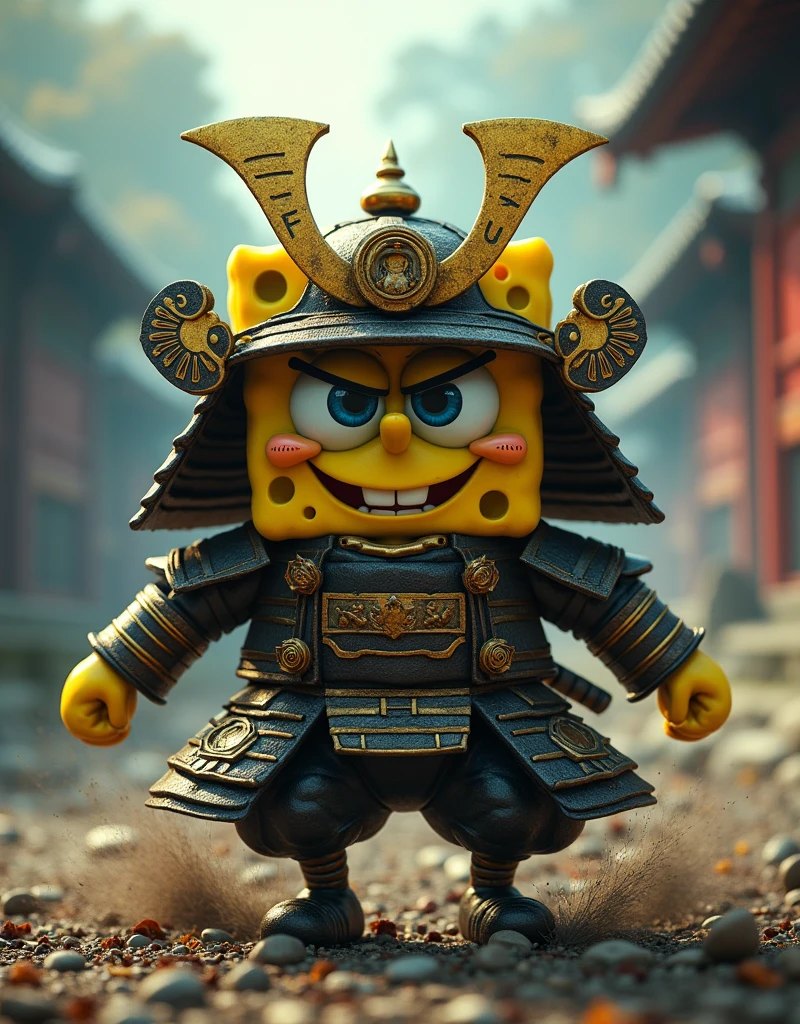 spongebob samurai, professional, medieval samurai armor, spongebob squarepants character, action pose, dynamic motion, adrenaline, gritty aesthetic, dramatic lighting, motion blur, sharp focus, ultra-detailed, 8k, hyperrealistic, physically-based rendering, vivid colors, studio lighting, bokeh