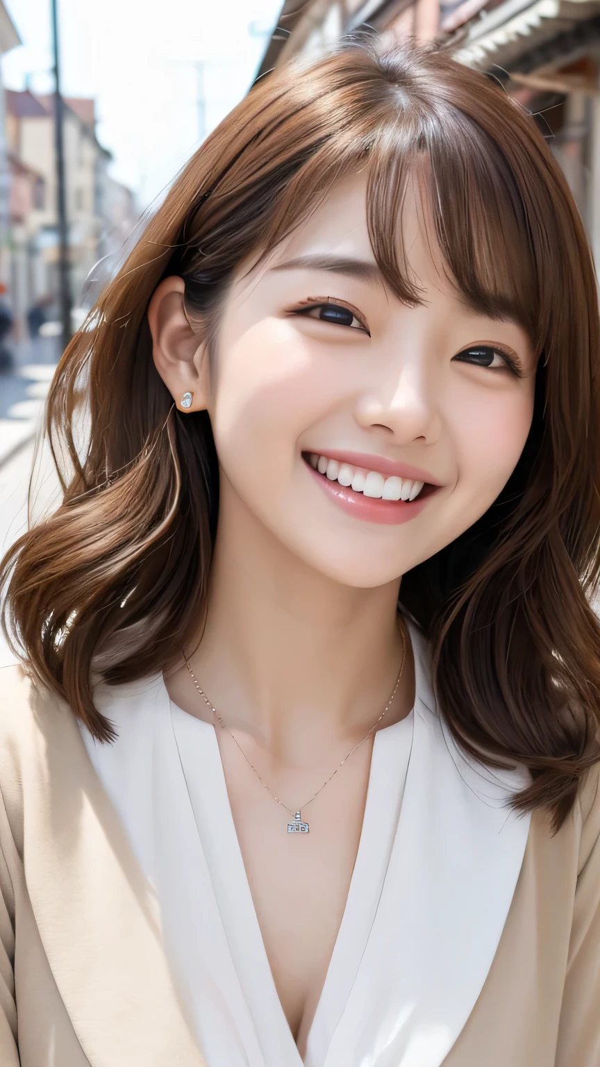 Beautiful young woman、 Korean women、Light brown hair、Wavy Hair、short hair、ear piercing、Necklace around the neck、blouse、smile、Laughing with your mouth open、Beautiful teeth alignment、Intricate details, Very detailed:1.2), 、 Looking into the camera,The background is the town