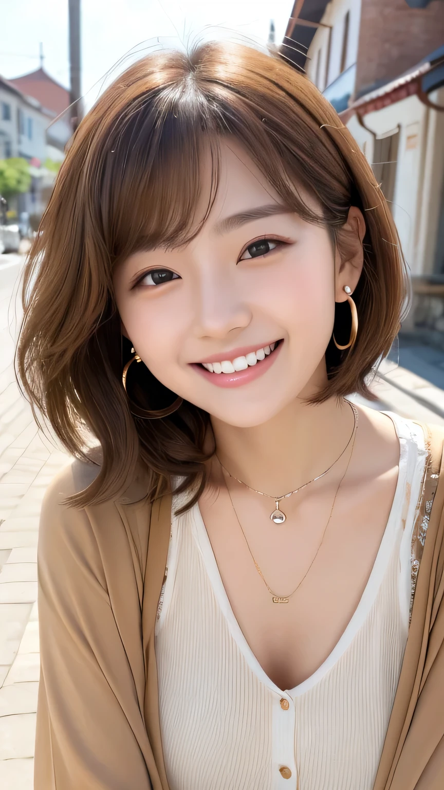 Beautiful young woman、 Korean women、Light brown hair、Wavy Hair、short hair、ear piercing、Necklace around the neck、blouse、Jacket、smile、Laughing with your mouth open、Beautiful teeth alignment、Intricate details, Very detailed:1.2), 、 Looking into the camera,The background is the town