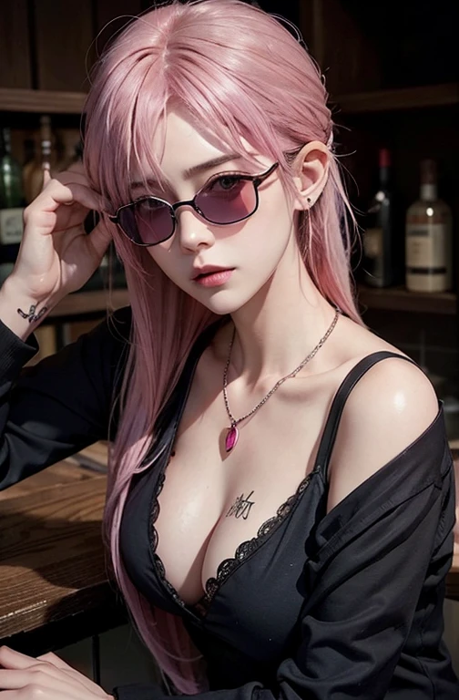 Cool women、sexy、Center of chest、Rize from Chainsaw Man、beauty、Yandere、、Face close-up、Chest tattoo、suit、necklace、(look up)、(Pink Hair)、).((Save face image))、((bar counter).(sunglasses)、