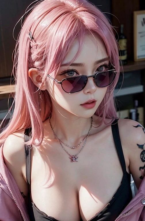Cool women、sexy、Center of chest、Rize from Chainsaw Man、beauty、Yandere、、Face close-up、Chest tattoo、suit、necklace、(look up)、(Pink Hair)、).((Save face image))、((bar counter).(sunglasses)、