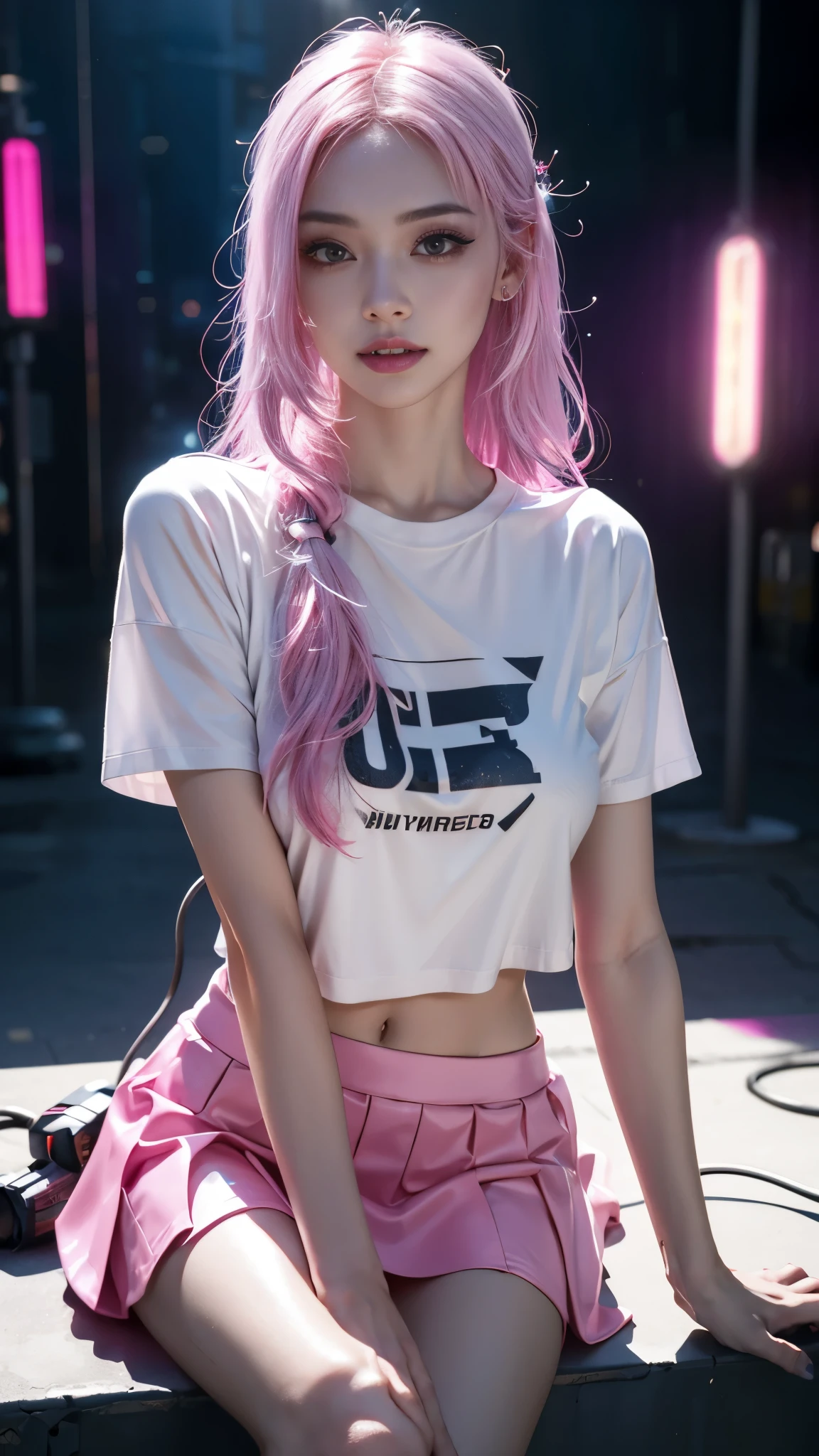 8k, UHD, masterpiece, 1 girl, ((good face)), very long hair, light makeup, (white skin:1.2), detailed eyes, detailed lips, small bust, simple cyberpunk clothing, ((pink t-shirt)), ((mini skirt)), (cyberpunk lighting:1.4), ((building)), light effect, light reflection, ((spreading lights)), cyberpunk, cybercity, futuristic, (night), ray tracing, bloom, perfect pose, sitting,