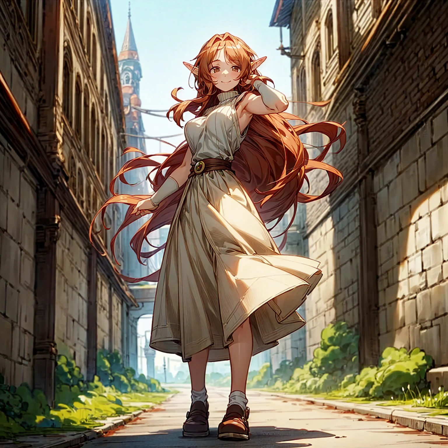 Solo character, full body version, young girl, (elf), brown eyes, red color hair, long Curly haircut, His hair covered his eyes, white Sleeveless sweater, brown long skirt, shoes, outdoor, village, medieval, detailed background, detailed clothing, detailed hair, big breast, standing gesture, (Bleach style art, Doraemon style art), smile mouth