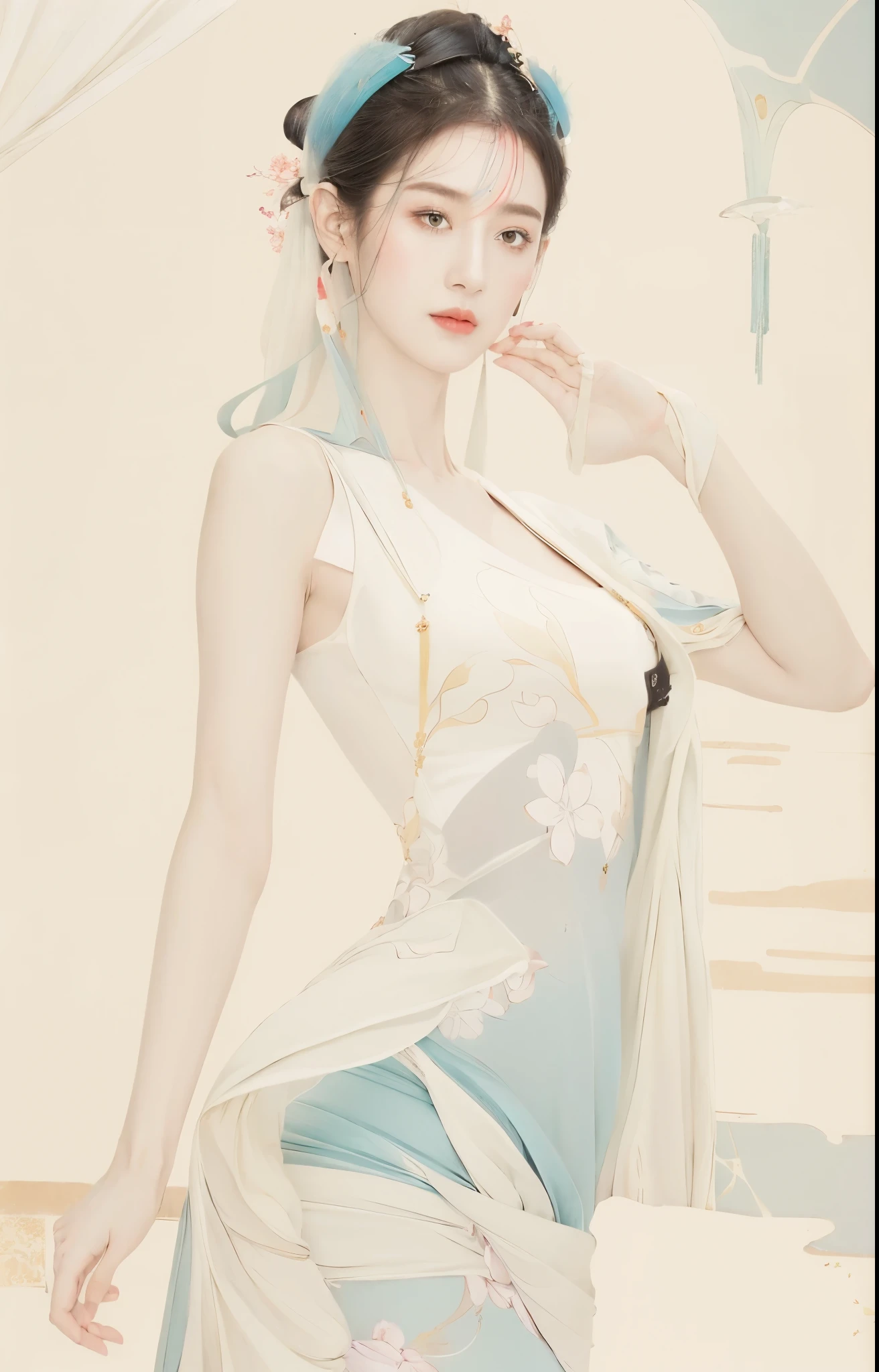 (1 Girl:1.4),Solitary, Gorgeous, Extremely detailed,(Joshua Middleton Comic Cover Art:1.1), (action:1.2),(Concretism:1.2),(Hyperpolarization:1.5),rich and colorful,The most detailed,white gray background, White Hanfu, Pastel colors, (masterpiece, Top quality, best quality, Official Art, beautiful and aesthetic:1.2),