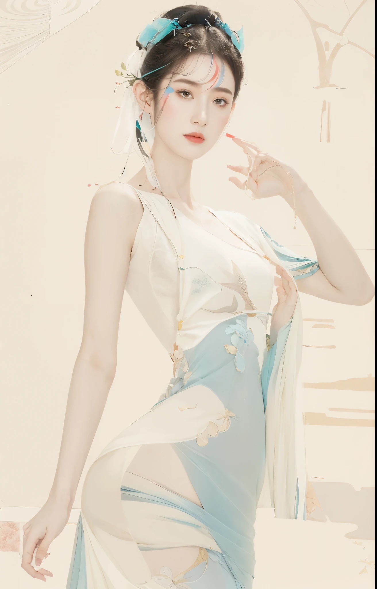 (1 Girl:1.4),Solitary, Gorgeous, Extremely detailed,(Joshua Middleton Comic Cover Art:1.1), (action:1.2),(Concretism:1.2),(Hyperpolarization:1.5),rich and colorful,The most detailed,white gray background, White Hanfu, Pastel colors, (masterpiece, Top quality, best quality, Official Art, beautiful and aesthetic:1.2),