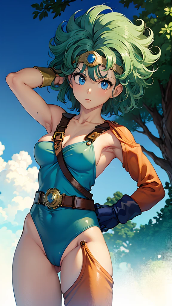 (((SFW、sound、Highest quality、Top notch work、Normal body、、Detailed face、Ultra-precision、normal hand、Refer、5refer、Highest)))、beautiful girl、Green Hair、yamato nadeshiko、Small breasts、Shortcuts、Blue leotard、muscular、Red Cape、Circlet、Dragon Quest、Female Heroes、 Fight、Fight is ready、Sweep with a sword、Please put your hands together in front of you.、Place your hands behind your back、Please put your hands on your hips、cover your chest with your hands、((Executed perfectly:Frame yourself from head to toe,Standing posture,Draws in great detail、There is no anatomical problem))、forest