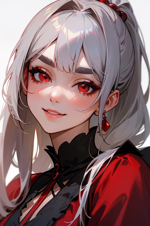 (Highest quality, masterpiece:1.2), High resolution, 最高masterpiece、Very detailed, Realistic:1.37, Fantasy, An illustration,Gray Hair、 Red eyes、Queen, Red dress、beautifully、Eyeshadow Red、Thick eyebrows、Long eyelashes、pupils are black、shiny on the lips、Top Sites、Queen、Princess、A kind smile、Soft impression、people々々々Loved by、Slimming the face、Shoulder Bare、ponytail、Kissing Face、Long white hair、Shaggy Bangs、(Save face image).(Gothicta)、(A kind smile)、(Background white)、