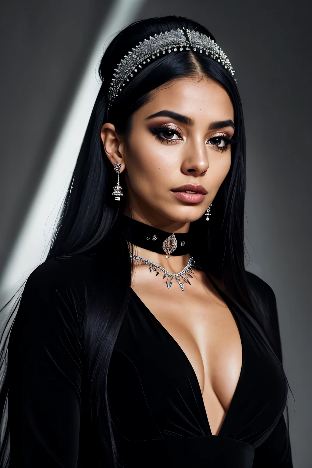 realistic portrait of an extremely beautiful Colombian woman, wearing a tight black Nadia Long Sleeve Scoop Back Midi Dress, wearing a choker, detailed facial features, piercing eyes, wearing a silver headdress, elegant long eyelashes, beautiful lips, delicate nose, intricate jewelry, dramatic lighting, highly detailed, photorealistic, 8k, cinematic composition, dramatic pose, masterpiece