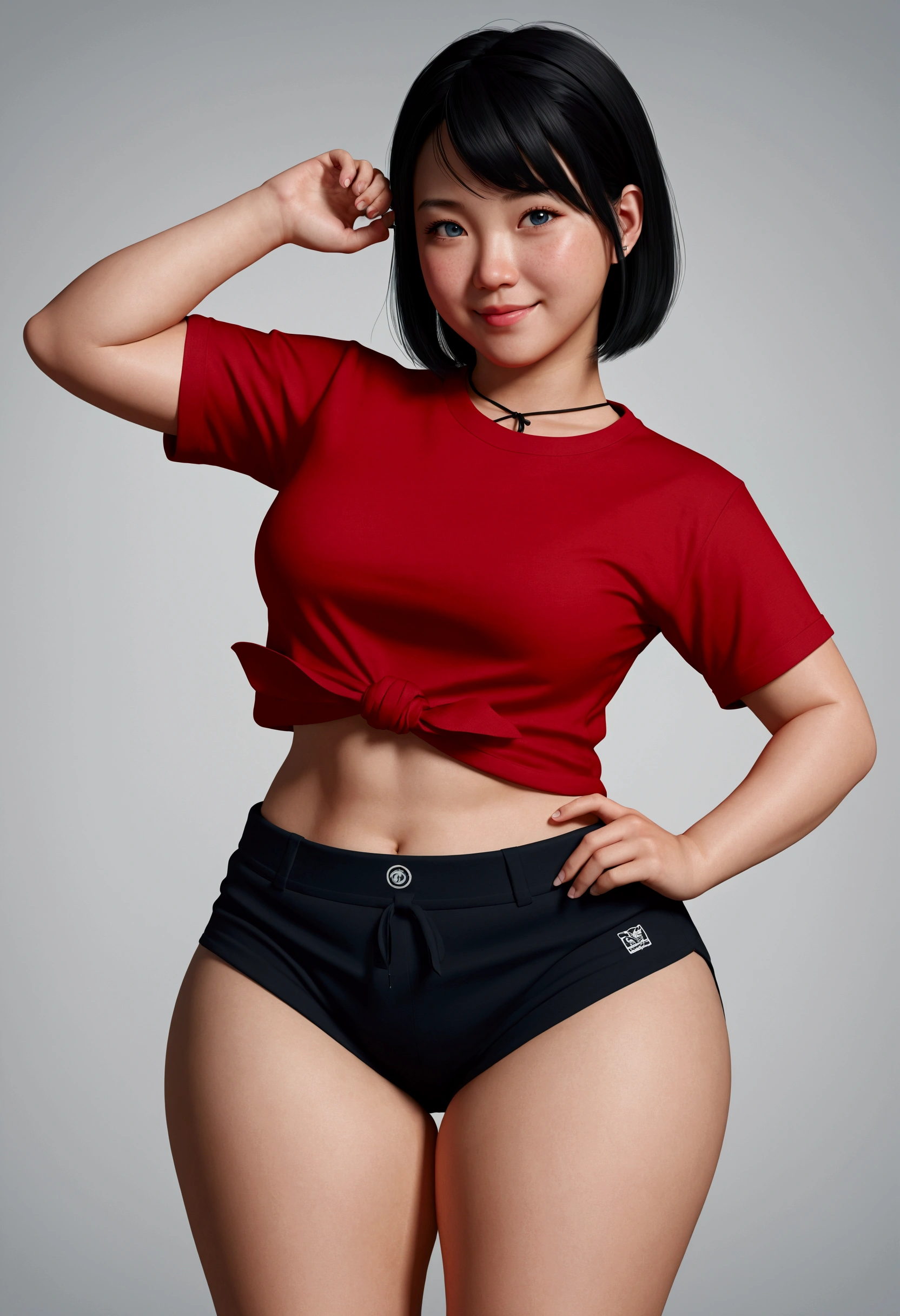 1girl, solo, blue eyes, cheeky smile,flat chest, asian, very very short black hair, realistic, masterpiece, thicc tighs, black shorts,red T-shirt tied up, showing stomach and hips, slim body, cute face