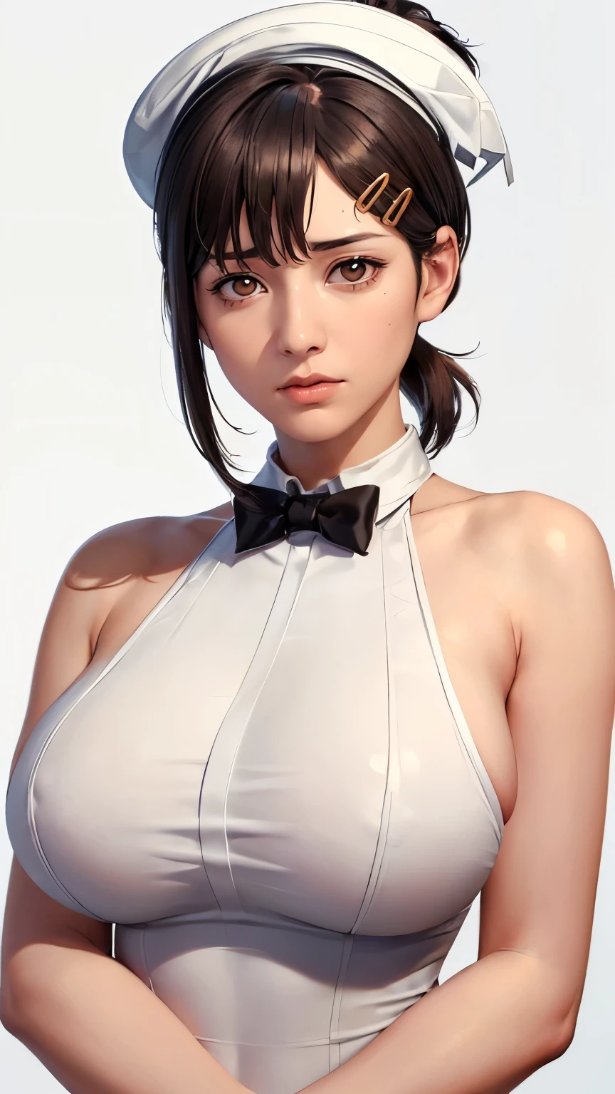 (((Perfect body,White and tender skin,(((Black strap dress, black long bow tie, white lining, black hat))),(((kobeni higashiyama, black hair, hair ornament, hairclip, ponytail, short hair, (brown eyes:1.5),))),((masterpiece)),highres,((Best quality at best)),masterpiece,quality,Best quality,((( Exquisite facial features,Looking at the audience,There is light in the eyes,(((frown,Wronged))),Scissorhands))),(((Light and shadow,Huge breasts,))),(((Looking at the camera,White background))))