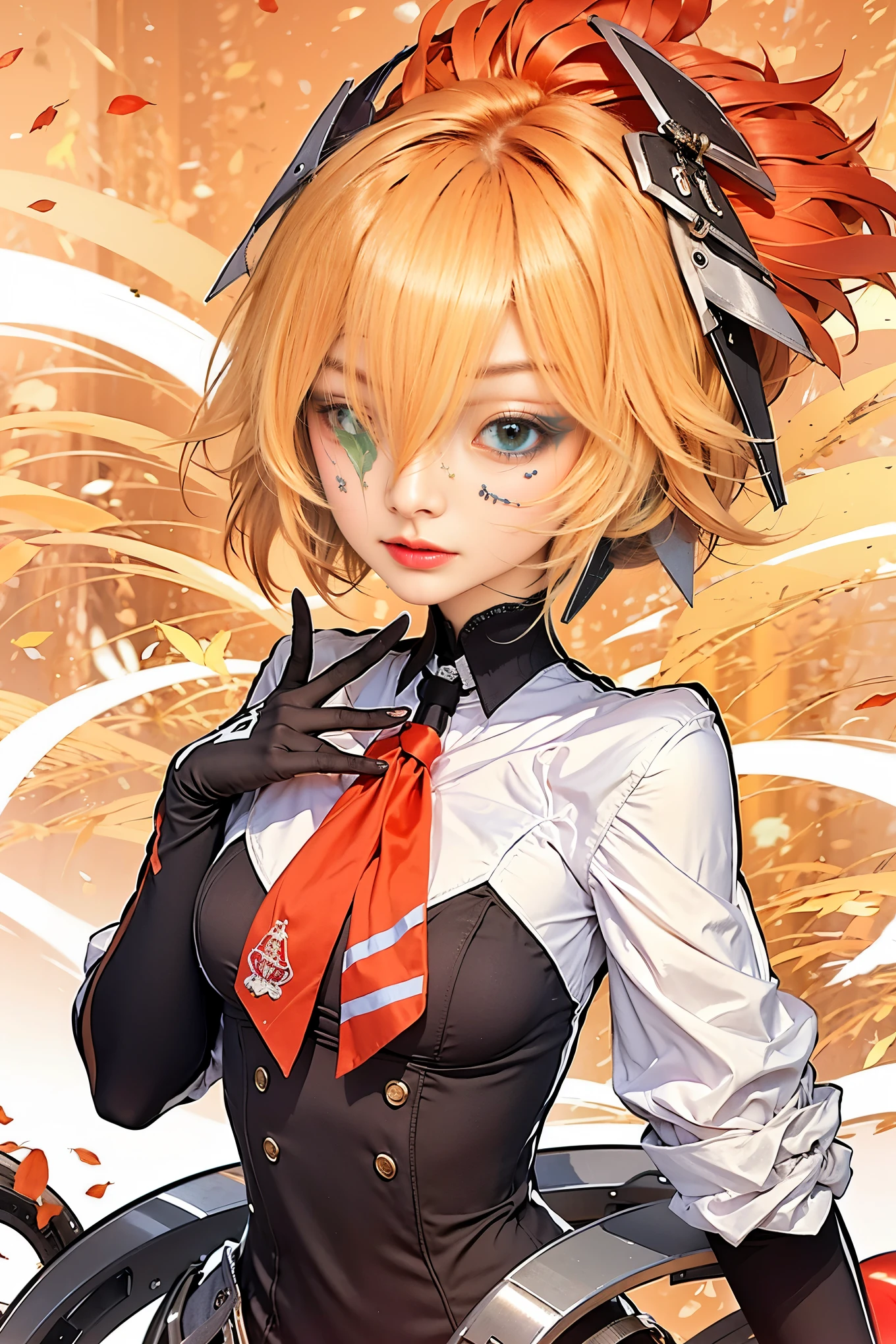 (8k, best quality, Masterpiece, very high:1.2) Photo of a beautiful Japanese girl, Beautiful and charming with contemporary fashion drawings as well., looking at the audience, ((in the classroom background)), (1 teenage girl),(Short black skirt), (White shirt with short sleeves, slightly revealing at the chest.), ((black short pencil skirt)), sugar belt, ((Put your hands down.)),blonde hair, medium hair, High angle view of a beautiful woman, realistic skin texture, look up, round chin, Art lens 85mm, F 1. 2, Sharp focus, High resolution 8K, Crazy details, complicated, elegant, big breasts, dynamic gesture, big breasts,