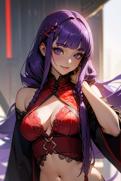 1 person, Blunt bangs, Braiding, Wide sleeves, hair ornaments,Obi says, (Purple Hair:1.2), Very long hair, Straight hair, Looking at the audience, Highly detailed background, (Realistic:1.2), Beautiful Eyes, Red eyeshadow, thigh, (Urzan-6500:0.7), Upper Body, (alone:1.2), (Cyberpunk City:1.1), Cleavage,,Glowing Skin、(Navel exposed).((Face close-up))、((smile))、(Red lace costume).