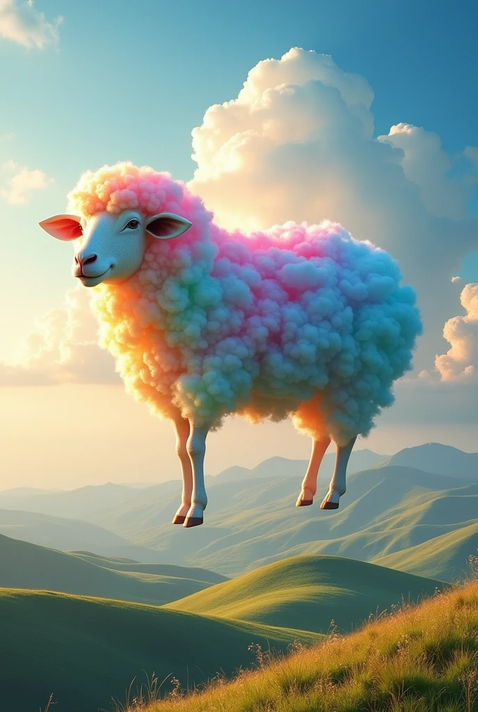 Huge sheep，Made of colorful clouds,Aerial,uhd, masterpiece, high details, high quality, best quality, highres